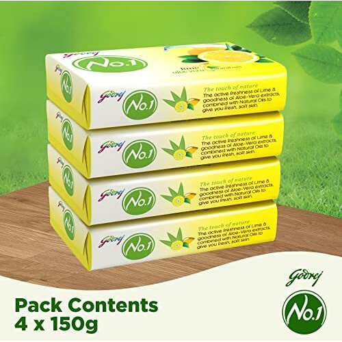 Godrej No. 1 Bathing Soap Lime & Aloe Vera  Grade 1 Soap & Long-Lasting Fragrance, Combo Pack Of 4 (150G Each)