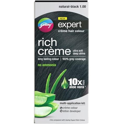 Godrej Expert Rich Crme Hair Colour For Women & Men  Natural Black Shade 1.00 (50Ml + 50G) | No Ammonia | 10X Aloe Vera & 100% Grey Coverage