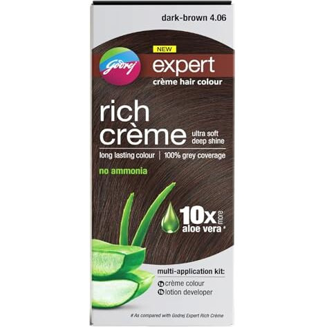 Godrej Expert Rich Crme Hair Colour For Women & Men  Dark Brown Shade 4.06 (50Ml + 50G) | No Ammonia | 10X Aloe Vera & 100% Grey Coverage