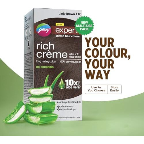Godrej Expert Rich Crme Hair Colour For Women & Men  Dark Brown Shade 4.06 (50Ml + 50G) | No Ammonia | 10X Aloe Vera & 100% Grey Coverage