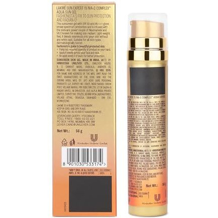 Lakm Sun Expert 1% Nia C Water-Light Sunscreen Gel Spf 50 Pa++++ Best For Oily Skin | Even Toned & Glowing Skin |Helps Reduce Pigmentation | Uva/B Protection, No White Cast 56G