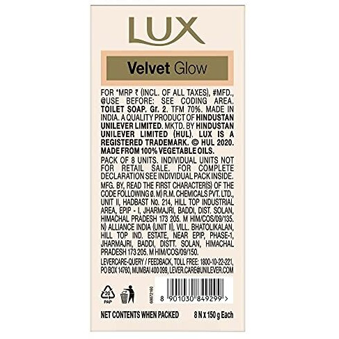 Lux Flaw-Less Glow Bathing Soap (150Gx8) Infused With Vitamin C & E For Superior Glow Offer Pack