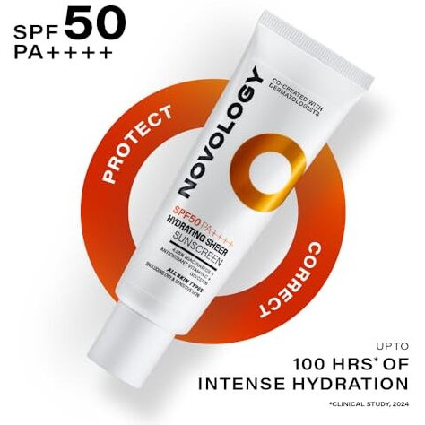 Novology Spf 50 Pa++++ Hydrating Sheer Sunscreen With 4.5% Niacinamide For Dry Skin| No White Cast, Non-Sticky | 50 G