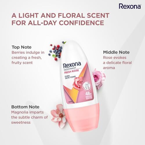 Rexona Fresh Rose Underarm Roll On Perfume For Women, Deodorant + Antiperspirant With Glycerine, Removes Odour, Even Skin Tone, Keeps Skin Fresh & Clean, Alcohol Free, 50 Ml