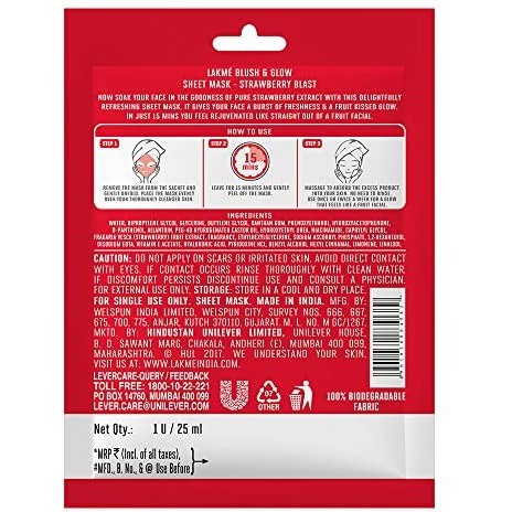 Lakm Blush & Glow Strawberry Sheet Mask, 25 Ml