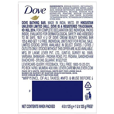 Dove Cream Beauty Bathing Bar (Pack Of 5) 125G Each For 24 Hour Nourished Skin With  Moisturising Cream And Nutrient Serum