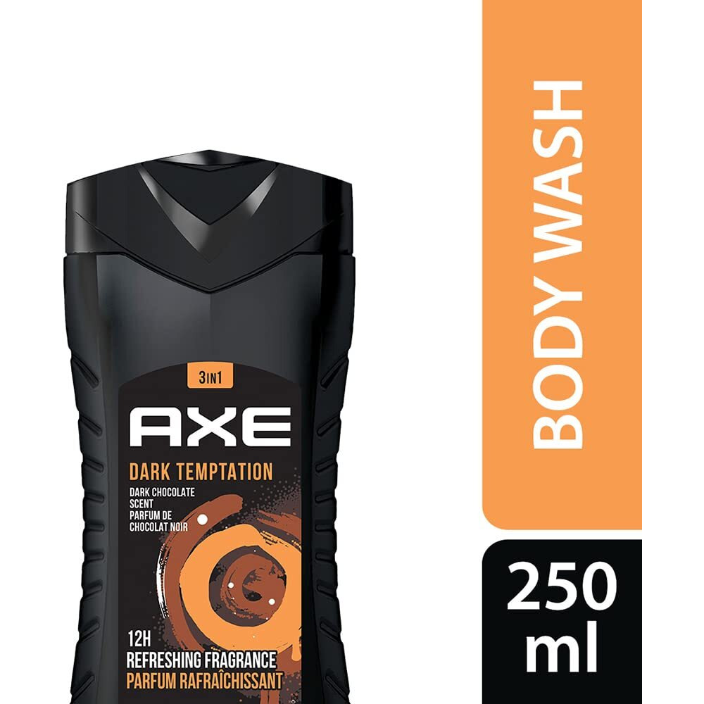 Axe Dark Temptation 3 In 1 Body, Face & Hair Wash For Men, Long-Lasting Refreshing Dark Chocolate Fragrance, Natural Origin Ingredients, Removes Odor & Bacteria, Dermatologically Tested 250Ml
