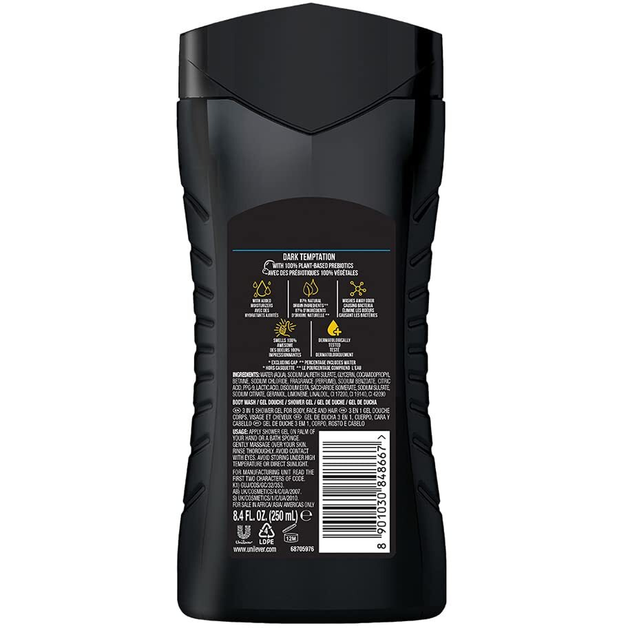 Axe Dark Temptation 3 In 1 Body, Face & Hair Wash For Men, Long-Lasting Refreshing Dark Chocolate Fragrance, Natural Origin Ingredients, Removes Odor & Bacteria, Dermatologically Tested 250Ml