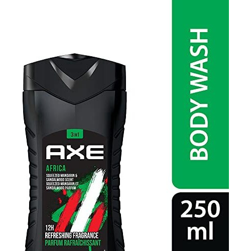 Axe Africa 3 In 1 Body, Face & Hair Wash For Men, Long-Lasting Refreshing Mandarin & Sandalwood Fragrance For Up To 12Hrs, Natural Ingredients, No Parabens, Dermatologically Tested, 250Ml