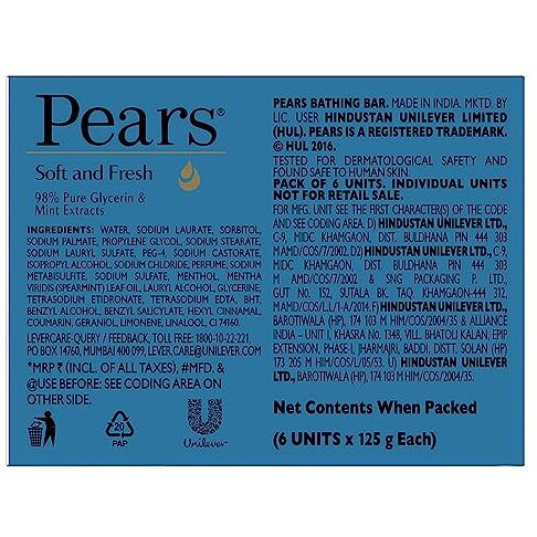 Pears Soft & Fresh Bathing Soap Bar 125 G (Pack Of 6) With Glycerin & Mint, Cooling Soap For Glowing Skin & Body - Paraben Free, For Men & Women