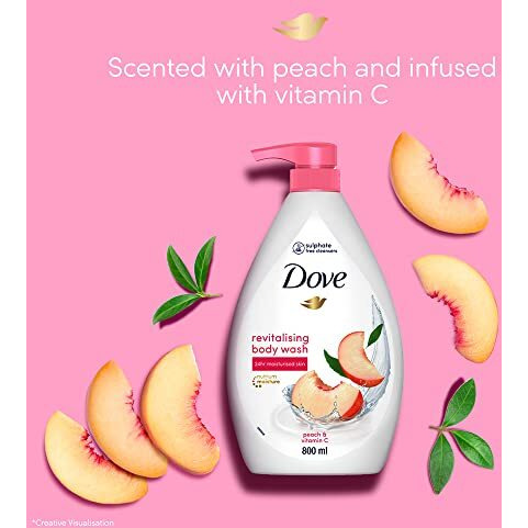 Dove Revitalizing Bodywash Scented With Peach And Infused With Vtamin C To Hydrate Your Skin, 100% Gentle Cleansers, Paraben Free/Sulphate Free Cleansers, 100% Plant- Based Moisturisers, 800Ml