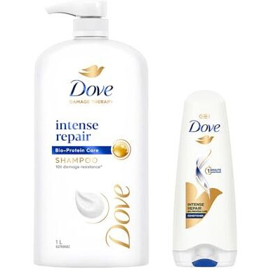 Dove Intense Repair Shampoo 1 Litre + Conditioner 175Ml, Combo | For Dry And Damaged Hair | Enriched With Fibre Actives | Strengthens Smooth & Strong Hair