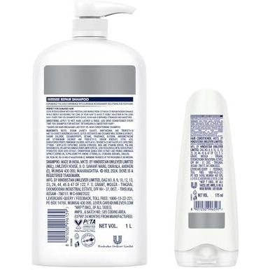 Dove Intense Repair Shampoo 1 Litre + Conditioner 175Ml, Combo | For Dry And Damaged Hair | Enriched With Fibre Actives | Strengthens Smooth & Strong Hair