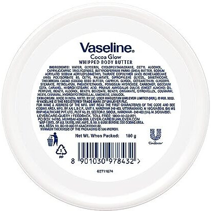Vaseline Cocoa Glow Whipped Body Butter, 180 G. Cocoa & Shea Butter For Glowing Soft Skin