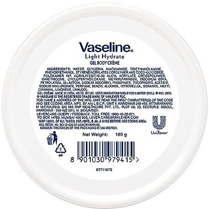 Vaseline Light Hydrate Gel Body Creme, 180 G. Hyaluronic Acid & Vitamin C For Hydrated, Radiant Skin