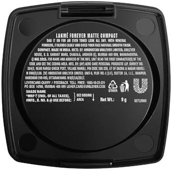 Lakm Forever Matte Compact, Smooth Finish For Normal Skin , Lasts For 12 Hrs, Even Toned Look, Shell, 9G, Black