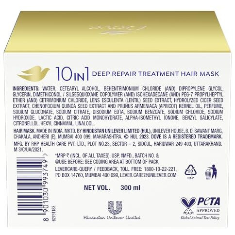 Dove 10 In 1 Deep Repair Treatment Hair Mask, 300 Millilitre | Floral, For All Hair Types