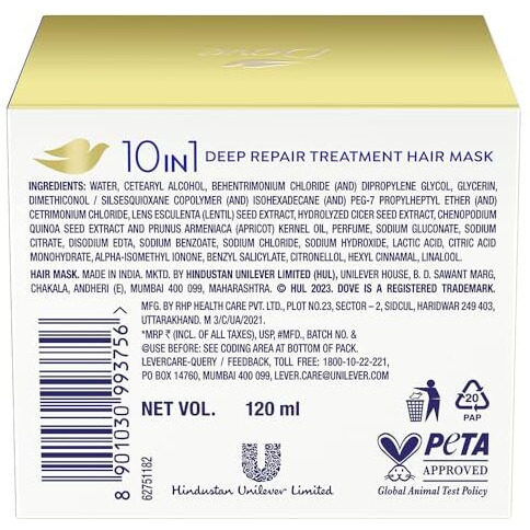 Dove Deep Repair Treatment Hair Mask For Damaged Hair With Bio Protein Care Sulphate & Paraben Free 120 Ml