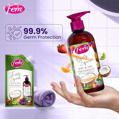 Dabur Fem Fruity Squash Soft & Safe Handwash - 1500Ml|Enriched With Goodness Of Coconut Milk & Vitamin E|Long Lasting Fragrance