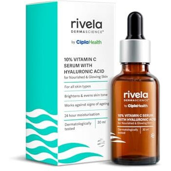 Rivela Dermascience By Cipla 10% Vitamin C Face Serum For Bright & Glowing Skin, Anti Ageing Formula With Hyaluronic Acid For All Skin Types, 30Ml
