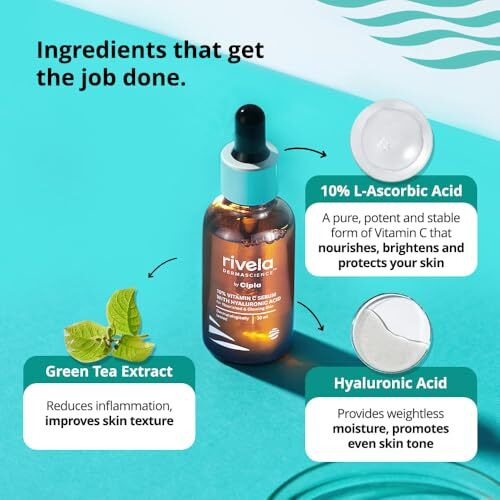 Rivela Dermascience By Cipla 10% Vitamin C Face Serum For Bright & Glowing Skin, Anti Ageing Formula With Hyaluronic Acid For All Skin Types, 30Ml