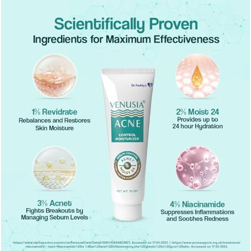 Venusia Dr. Reddy's Acne Control Moisturizer I For Oily & Acne Prone Skin I Prevents Acne Breakouts|Oil Free, Non Sticky I 75G