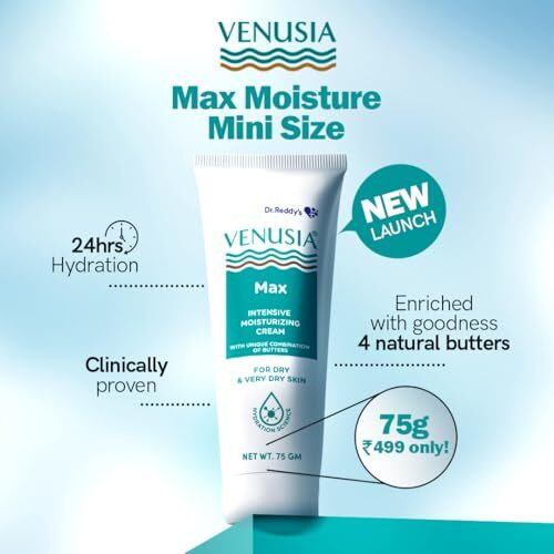 Venusia Max Moisturiser For Everyday Use For Dry Skin, Contains Shea Butter, Mango Butter, Aloe Butter & Cocoa Butter. Paraben Free & Non Irritant Formula, Dermat Recommended, 75G