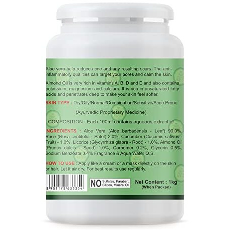 Kazima Aloe Cucumber Gel With Pure Aloe Vera & Cucumber For Face, Skin & Hair - Exfoliate Skin, Reduces Acne Scars, Wrinkles, Sunburn, Dark Circles & Moisturizes Skin (1Kg)