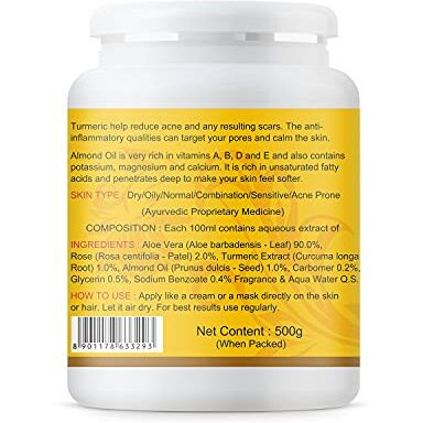 Kazima Aloe Turmeric Gel With Pure Aloe Vera, Turmeric & Vitamin A, B, D, E For Face, Skin & Hair - Moisturizing, Skin Brightening, Acne Scars, Wrinkles, Sunburn & Dark Circles (500 Gram)