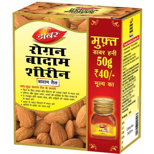 Dabur Roghan Badam Shireen - 50 Ml | Pure Sweet Badam Oil For Glowing Skin & Hair Growth | Rich In Vitamin-E | For Healthy Hair & Skin | Sharpens Brain | Improves Digestion | Extracted From Almonds