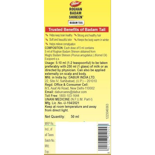 Dabur Roghan Badam Shireen - 50 Ml | Pure Sweet Badam Oil For Glowing Skin & Hair Growth | Rich In Vitamin-E | For Healthy Hair & Skin | Sharpens Brain | Improves Digestion | Extracted From Almonds