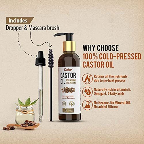 Dabur Castor Oil - 200Ml | 100% Natural Cold Pressed Oil | Promotes Hair Growth, Hydrates Skin & Reduces Wrinkles | No Mineral Oil & Silicones