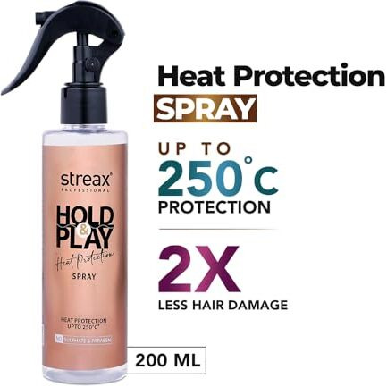 Streax Professional Hold & Play Heat Protection Spray For Hair -200 Ml, Hair Styling Spray For Women & Men, Heat Protectant Spray For Hair Upto 250C & 2X Less Hair Breakage
