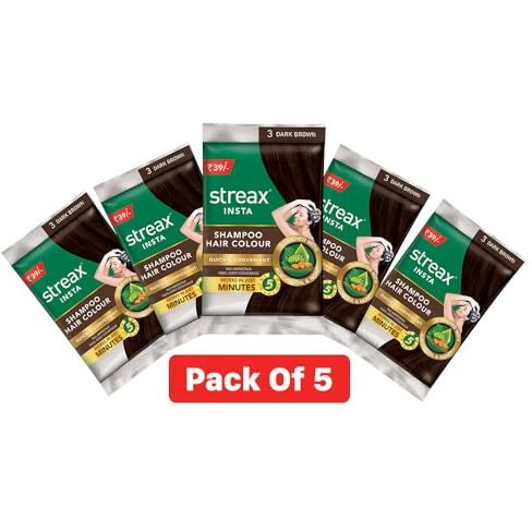 Streax Insta Shampoo Hair Colour For Women And Men, Dark Brown- Pack Of 5 | 100% Grey Coverage In 5 Minutes | Long Lasting, Easy To Use