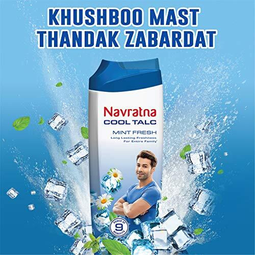 Navratna Cool Mint Fresh Talc | Instant Sweat Absorption And Cooling Effect |Body Odour Protection | Long Lasting Freshness And Fragrance, 400Gm