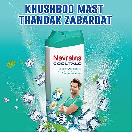 Navratna Cool Talc Active Deo | Talcum Powder | Body Odour Protection & Strong Cooling Effect | Long Lasting Freshness & Fragrance, 400Gm