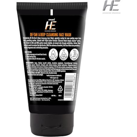 He De-Tan & Deep Cleansing Face Wash | Removes Tan, Fights Pollution, Helps Prevent Oiliness & Pimples, Cools & Refreshes | With Charcoal, Vetiver Root Extracts, Salicylic Acid, Refreshing Menthol | Long Lasting Freshness | For All Skin Types 100Ml