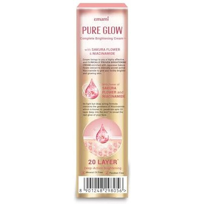 Emami Pure Glow Complete Brightening Cream 50G | With Japanese Sakura Flower & Niacinamide For 2X Brightness & +50% Moisturisation | Mineral-Oil Free, Paraben-Free