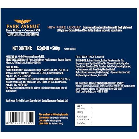 Park Avenue Premium MenS Soaps For Bath  Pure Luxury | 125G (Pack Of 4) | Enriched With Shea Butter & Coconut Oil | Grade 1 Soap | For All Skin Types