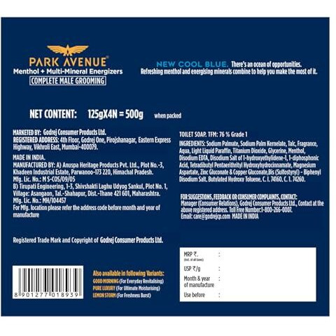 Park Avenue Premium MenS Soaps For Bath  Cool Blue | 125G (Pack Of 4) | Menthol & Mineral Energizer | Grade 1 Soap | For All Skin Types