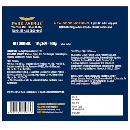 Park Avenue Premium MenS Soaps For Bath  Good Morning | 125G (Pack Of 4) | Enriched With Tea Tree Oil & Shea Butter | Grade 1 Soap | For All Skin Types