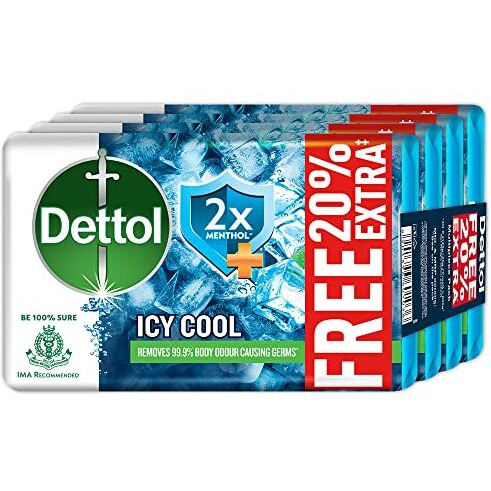 Dettol Icy Cool Bathing Soap Bar With 2X Menthol (600Gm), 125Gm + 20% Extra Free, Pack Of 4