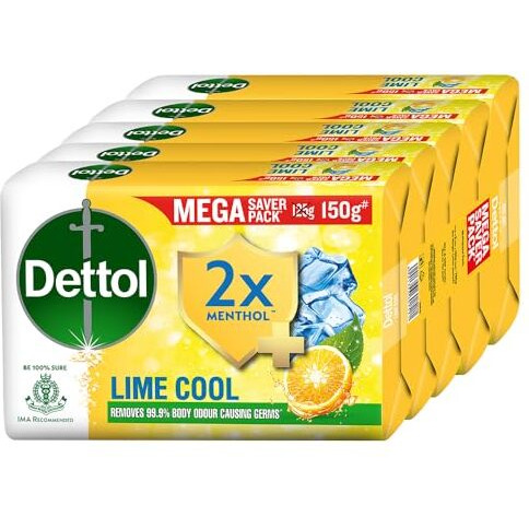 Dettol Lime Cool Bathing Soap Bar With 2X Menthol, 150Gm- Pack Of 5