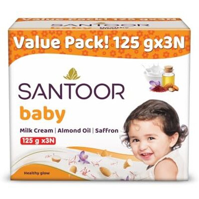 Santoor Baby Bathing Bar Soap With Milk Cream, Saffron, & Almond Oil For Soft & Supple Skin| Gentle & Rich Lathering Formula With Mild Fragrance| 125Gx3