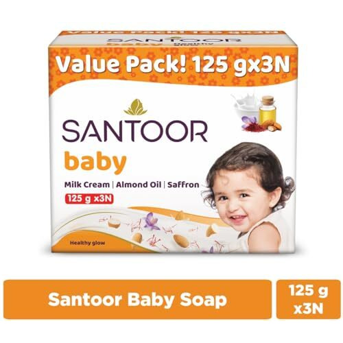 Santoor Baby Bathing Bar Soap With Milk Cream, Saffron, & Almond Oil For Soft & Supple Skin| Gentle & Rich Lathering Formula With Mild Fragrance| 125Gx3
