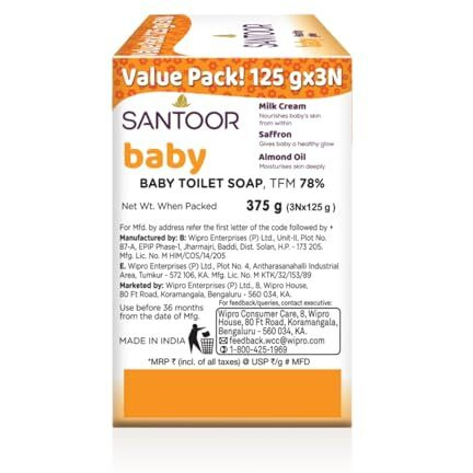 Santoor Baby Bathing Bar Soap With Milk Cream, Saffron, & Almond Oil For Soft & Supple Skin| Gentle & Rich Lathering Formula With Mild Fragrance| 125Gx3
