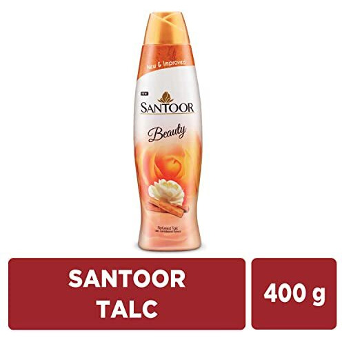 Santoor Beauty Talc With Sandalwood Extracts| Sandal, Rose, Musk & Geranium Mint Fragrance| Absorbs Excess Moisture| Dermatologically Tested| For All Skin Types (400G)