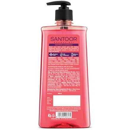 Santoor Brightening Shower Gel 750Ml With Natural Saffron & Marigold Extracts| For Men & Women| For Glowing Skin| Suitable For All Skin Types| No Parabens| No Silicones