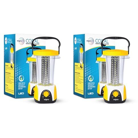 Wipro Coral Multi-Functional Rechargeable Led Emergency Lights, With 84 Individual Led Lights, 360 Degree Lighting And 3000Mah Lithium Battery, Yellow, Pack Of 2