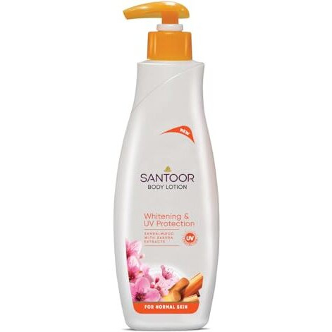 Santoor Perfumed Body Lotion With Sandalwood & Sakura Extracts For Skin Whitening & Uv Protection| Deep Moisturization & Sunburn Reduction| Non-Greasy Lotion For Normal Skin| 400Ml